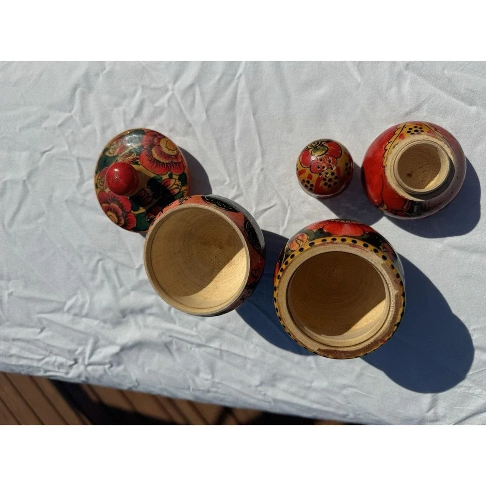 Soviet Russian Easter Wooden Spice Condiment Shaker Jar Set Matryoshka XB VTG